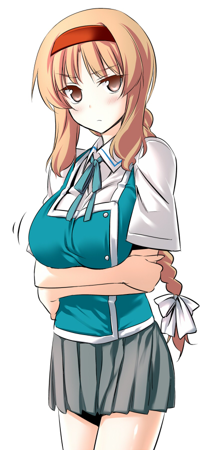 blonde_hair blush braid breast_hold breasts crossed_arms d-frag! hairband himura_kiseki large_breasts long_hair red_eyes school_uniform simple_background single_braid solo takao_(d-frag!)