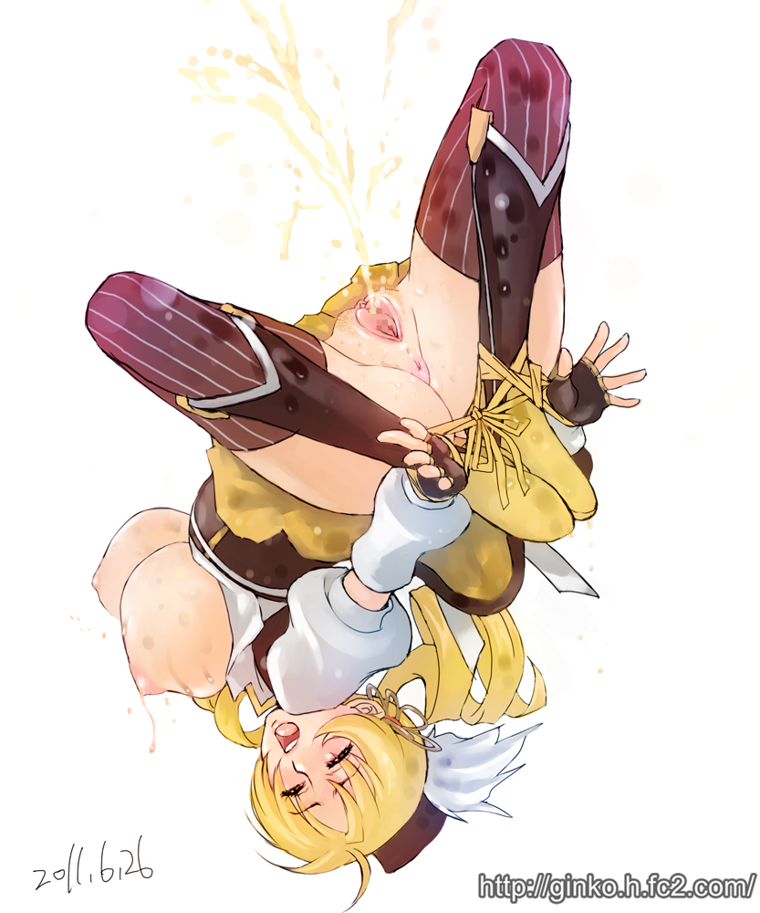 bad_id bad_pixiv_id bdsm beret blonde_hair blush bondage boots bound bound_ankles bound_wrists breasts censored clitoris drill_hair fingerless_gloves ginko_(silver_fox) gloves hat knees_apart_feet_together large_breasts long_hair magical_girl mahou_shoujo_madoka_magica nipples open_mouth pee peeing pubic_hair pussy skirt solo thighhighs tomoe_mami twin_drills twintails upside-down watermark web_address yellow_eyes