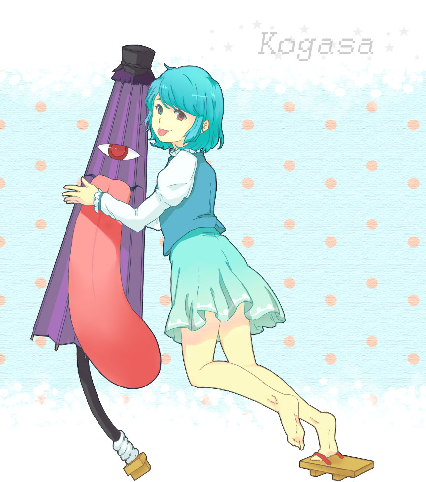 :p aqua_eyes aqua_hair bare_legs barefoot closed_umbrella full_body geta green_soda_(pixiv252491) heterochromia karakasa_obake long_tongue looking_back miniskirt purple_umbrella red_eyes shoes short_hair single_shoe skirt smile solo tatara_kogasa tongue tongue_out touhou umbrella