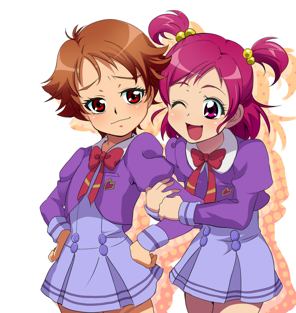 :d ;d bow brown_eyes brown_hair eyelashes hair_bobbles hair_ornament hands_on_hips happy l'ecole_des_cinq_lumieres_school_uniform lliillii multiple_girls natsuki_rin one_eye_closed open_mouth pink_eyes pink_hair precure purple_skirt ribbon school_uniform short_hair short_twintails skirt smile twintails two_side_up very_short_hair yes!_precure_5 yumehara_nozomi