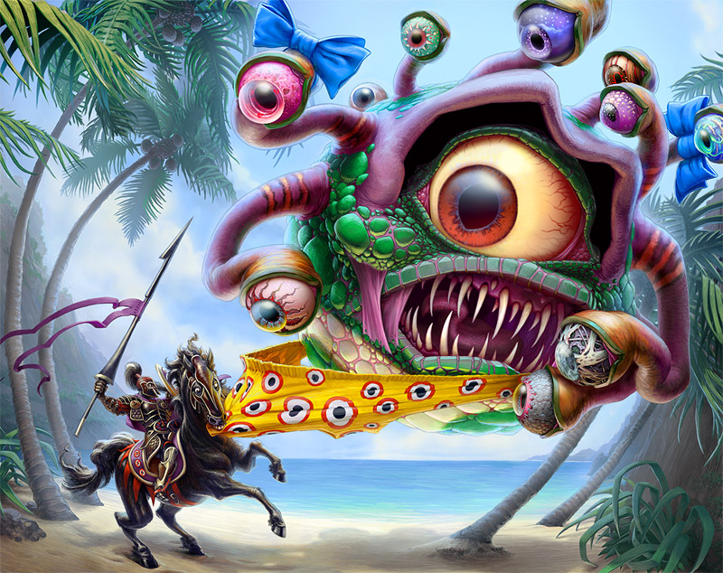 beach beholder clothing coppertone detailed_background dungeons_&amp;_dragons equine eyes fangs horse knight lance male mammal mike_rayhawk panty_pull parody ribbons seaside shorts tan_line