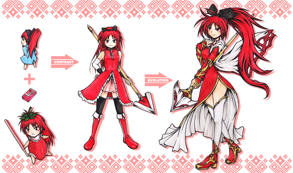 adapted_costume alternate_weapon boots bow costume evolution food fruit hair_bow long_hair mahou_shoujo_madoka_magica pocky polearm ponytail red_eyes red_hair sakura_kyouko spear strawberry thighhighs weapon yuriwhale