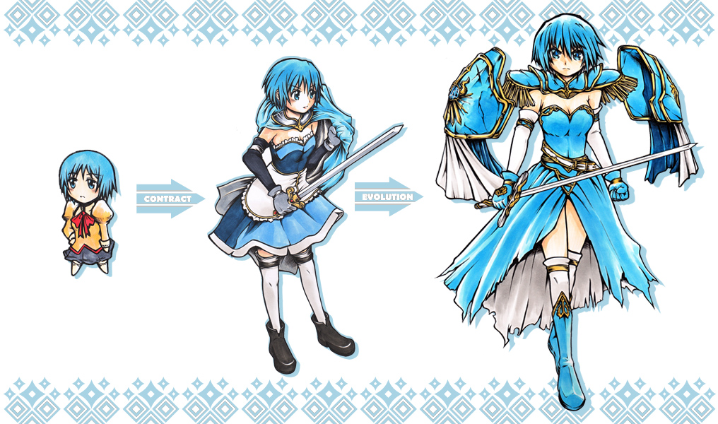 adapted_costume alternate_weapon armor armored_dress blue_eyes blue_hair boots evolution gloves knight mahou_shoujo_madoka_magica miki_sayaka short_hair sword thighhighs weapon yuriwhale