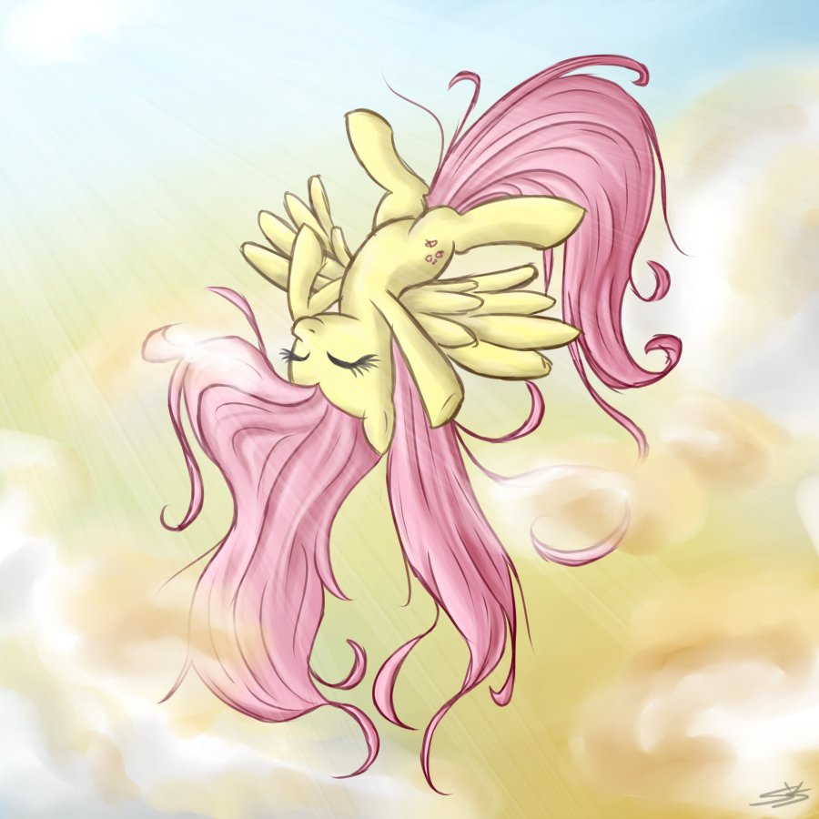 cloud clouds equine female feral fluttershy_(mlp) flying friendship_is_magic hair happy horse inside_loop lying mammal my_little_pony on_back pegasus pink_hair pony speccysy wings