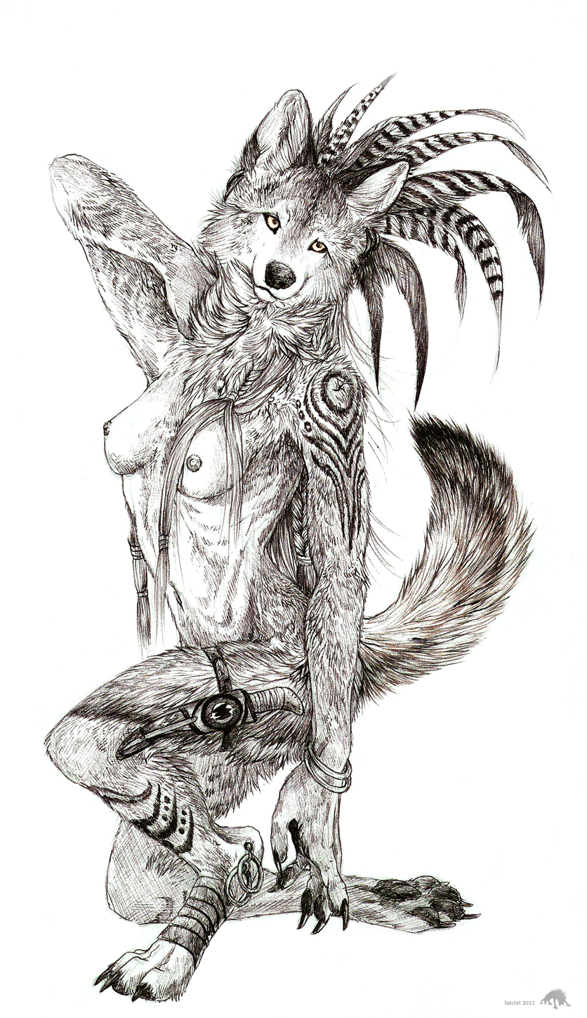 anthro breasts canine feathers female greyscale mammal monochrome nipples nude plain_background sketch solo tatchit tribal white_background wolf