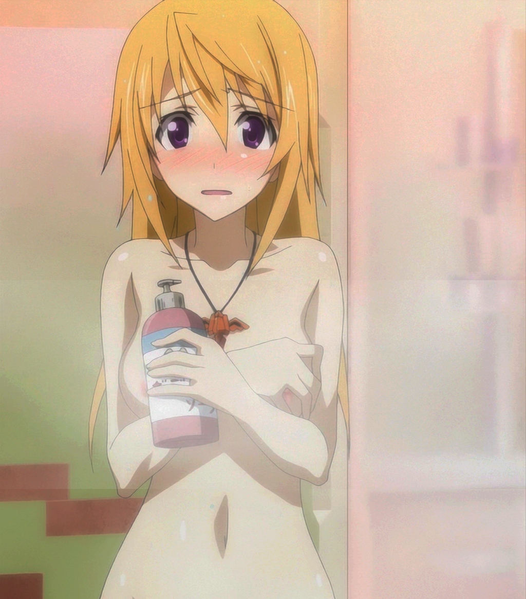 blonde_hair blush breasts charlotte_dunois covering covering_breasts infinite_stratos jewelry large_breasts long_hair navel necklace nipple_slip nipples nude_cover open_mouth purple_eyes screencap solo stitched third-party_edit
