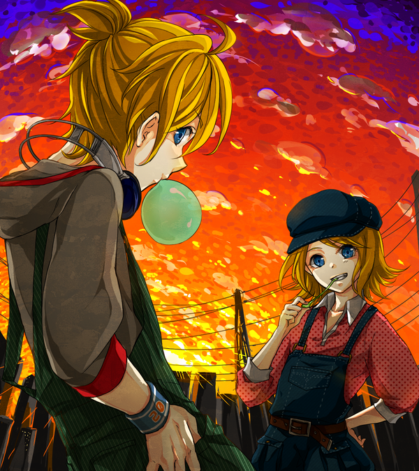 1girl akazaki_(sxlan) alternate_costume bad_id bad_pixiv_id blonde_hair blue_eyes brother_and_sister bubble_blowing cabbie_hat candy casual chewing_gum food hat headphones kagamine_len kagamine_rin overalls ponytail power_lines siblings sleeves_pushed_up sunset twins vocaloid wristband