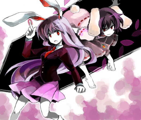 79inko :3 :o animal_ears barefoot black_hair blazer bunny_ears bunny_tail carrot drawr dress finger_gun inaba_tewi jacket jewelry long_hair multiple_girls no_nose pale_skin pendant pink_hair pleated_skirt pointing pointing_up purple_hair red_eyes reisen_udongein_inaba short_hair skirt smile smirk tail toe-point touhou