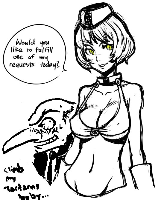 1girl artist_request bikini_top blush breasts cleavage covered_nipples elizabeth_(persona) english greyscale hat igor large_breasts monochrome persona persona_3 sketch smile spot_color sweat yellow_eyes