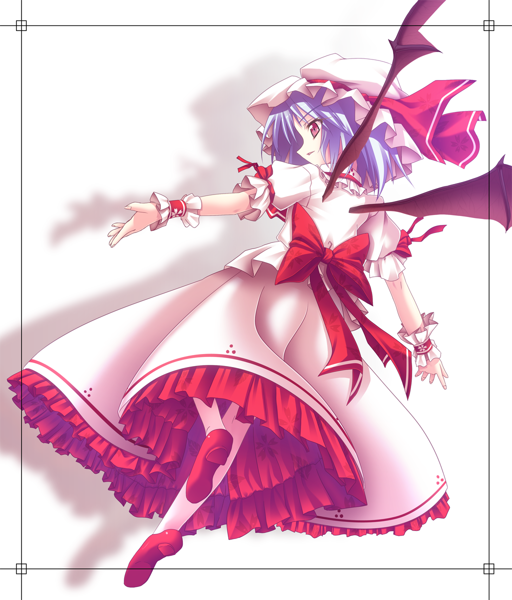 back bat_wings blue_hair dress hat highres ina_(inadahime) red_eyes remilia_scarlet shoes short_hair solo touhou wings