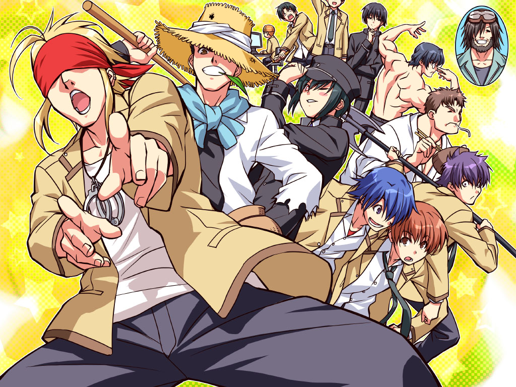 angel_beats! axe char_(angel_beats!) computer cuffs fujimaki_(angel_beats!) handcuffs hat hinata_(angel_beats!) inset male_focus manly matsushita multiple_boys naoi_ayato noda_(angel_beats!) not_present ooyama_(angel_beats!) otonashi_(angel_beats!) saitou_(angel_beats!) school_uniform shinda_sekai_sensen_uniform takamatsu takeyama_(angel_beats!) tk_(angel_beats!) weapon zen