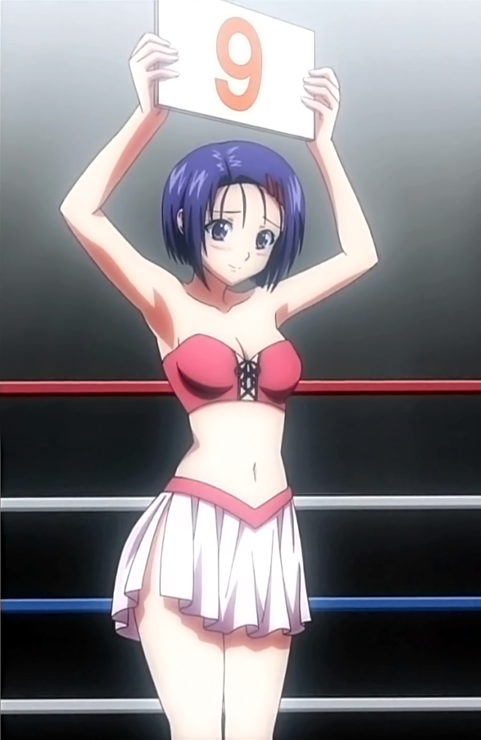 arms_up blue_eyes blue_short_hair blush box boxing_ring girl interior number_nine red_white_and_blue_ring_ropes ring_girl sairenji_haruna screen_capture to_love-ru