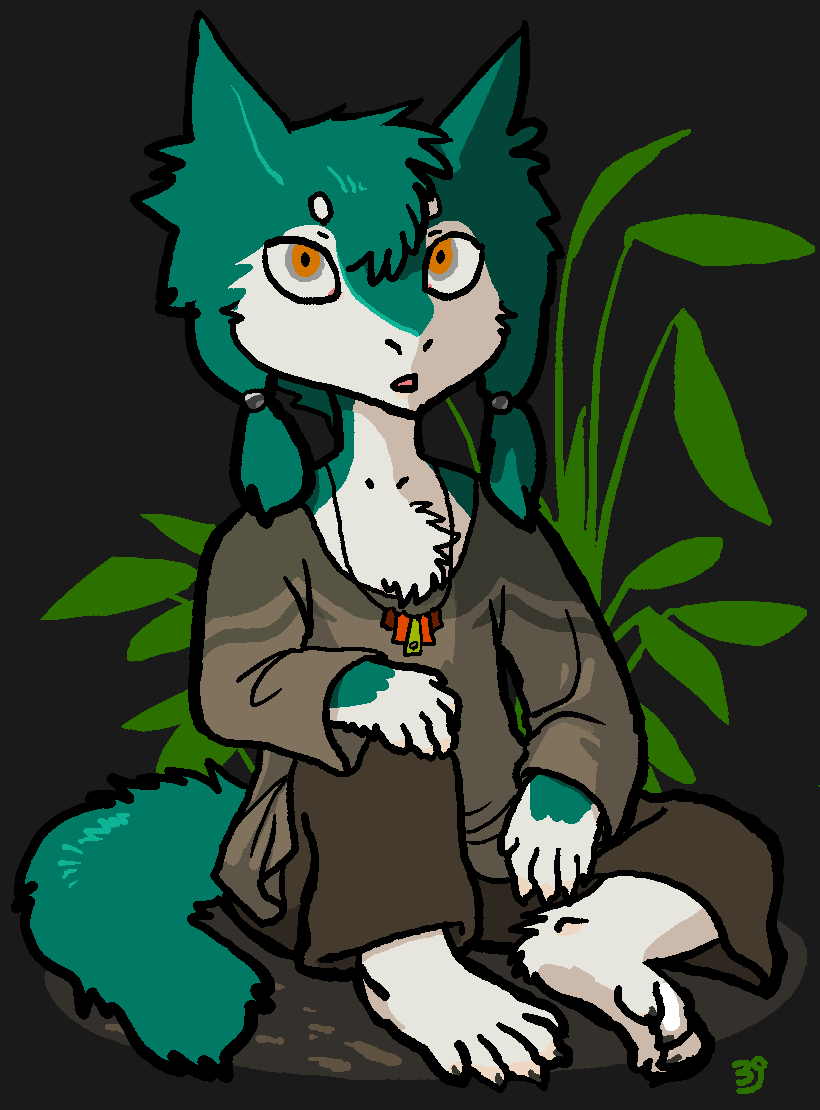 background cel_shading cell_shaded chest-tuft chest_tuft claws clothed clothing cub grass jakk jewelry looking_at_viewer necklace plant sergal simple_background solo trancy_mick tuft young