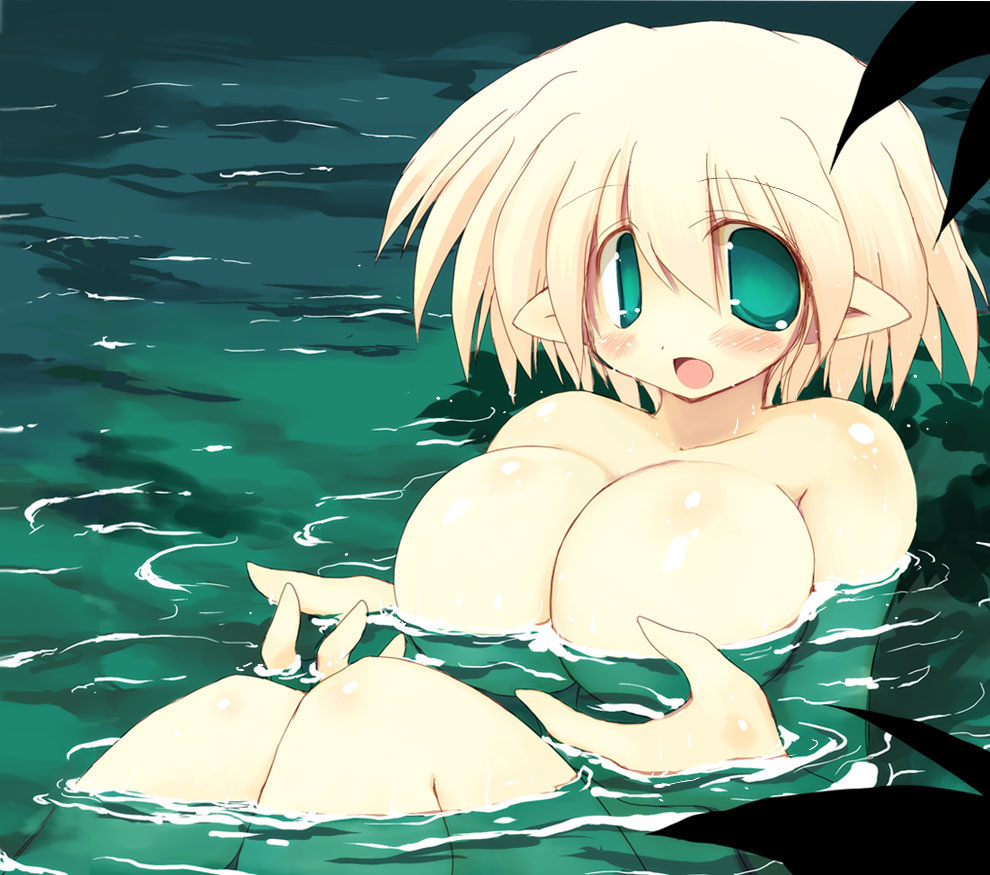 bad_id bad_pixiv_id blonde_hair blush breasts green_eyes huge_breasts no_nipples nude open_mouth original pointy_ears sakaki_(noi-gren) short_hair solo water
