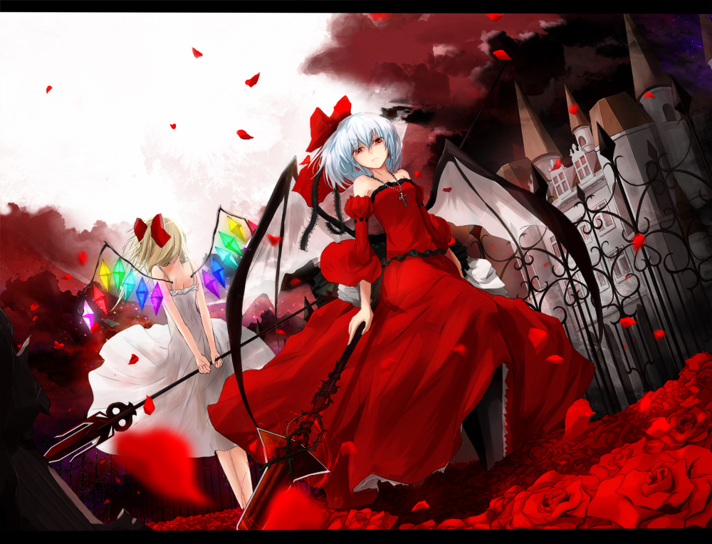alternate_costume bad_id bad_pixiv_id bat_wings blonde_hair blue_hair bow cross dress flandre_scarlet flower hair_bow jewelry letterboxed miruto_netsuki multiple_girls necklace no_hat no_headwear older petals polearm red_dress red_eyes remilia_scarlet rose scarlet_devil_mansion short_hair siblings sisters spear spear_the_gungnir touhou weapon white_dress wings