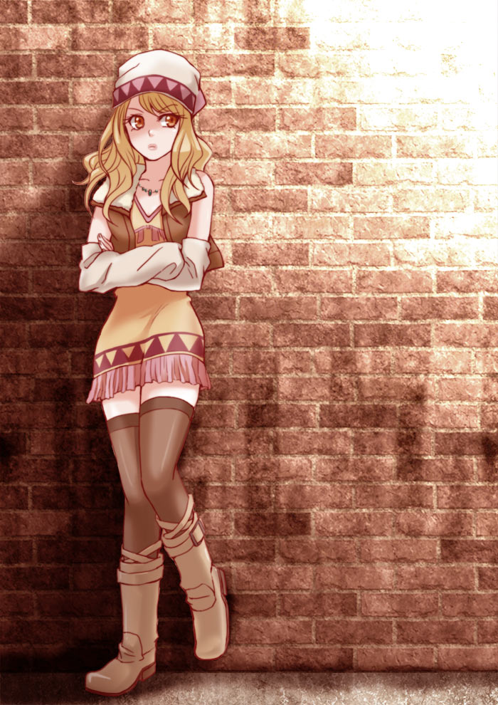 bad_id bad_pixiv_id bare_shoulders beanie blonde_hair boots brown_eyes brown_legwear cropped_jacket crossed_arms detached_sleeves gachimi hat jacket karina_lyle lipstick makeup solo thighhighs tiger_&amp;_bunny zettai_ryouiki