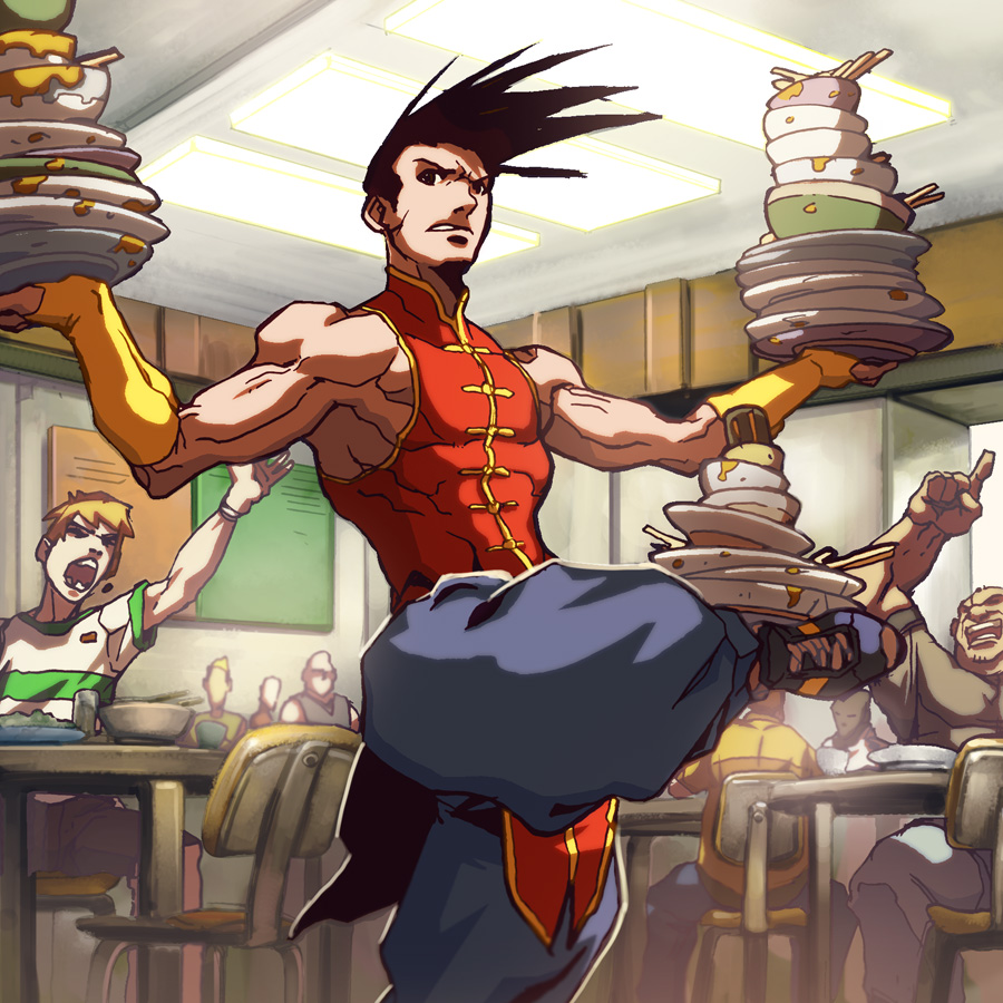 balancing bridal_gauntlets chair chinese_clothes dishes frown halter_top halterneck hand_up index_finger_raised male_focus multiple_boys muscle open_mouth outstretched_arms pants restaurant shoes sitting sleeveless sneakers spiked_hair spread_arms standing standing_on_one_leg street_fighter street_fighter_iii_(series) yang_lee