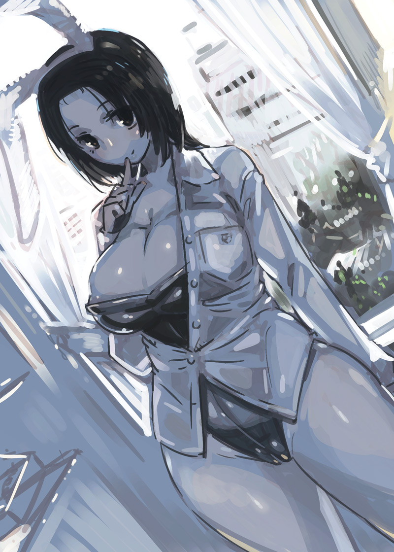 animal_ears bad_id bad_pixiv_id black_hair breasts bunny_ears bunny_girl bunnysuit cleavage huge_breasts kaqo open_clothes open_shirt original shirt short_hair solo