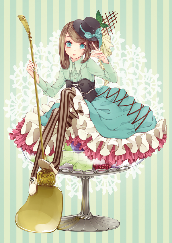 blue_eyes brown_hair dress food hands hat ice_cream in_food long_legs mikuni_(mikunik) mini_hat mini_top_hat minigirl nail_polish original pantyhose personification sitting solo spoon striped striped_background striped_legwear top_hat vertical-striped_background vertical-striped_legwear vertical_stripes