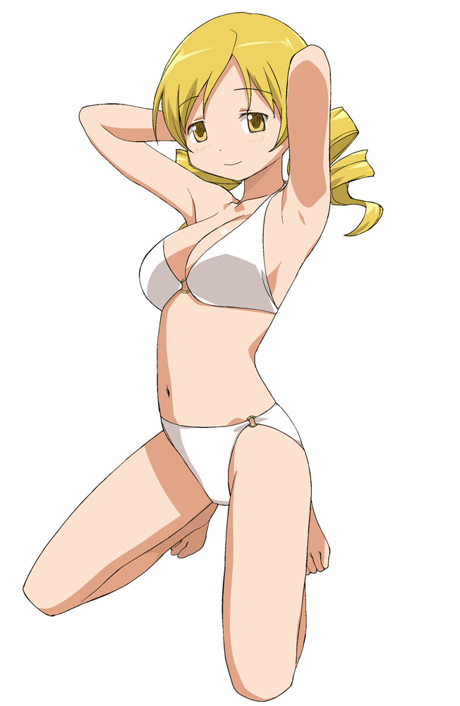 a1 armpits arms_up barefoot bikini blonde_hair blush breasts cleavage drill_hair full_body kneeling mahou_shoujo_madoka_magica medium_breasts navel o-ring o-ring_bikini o-ring_bottom o-ring_top simple_background smile solo swimsuit tomoe_mami twin_drills twintails yellow_eyes