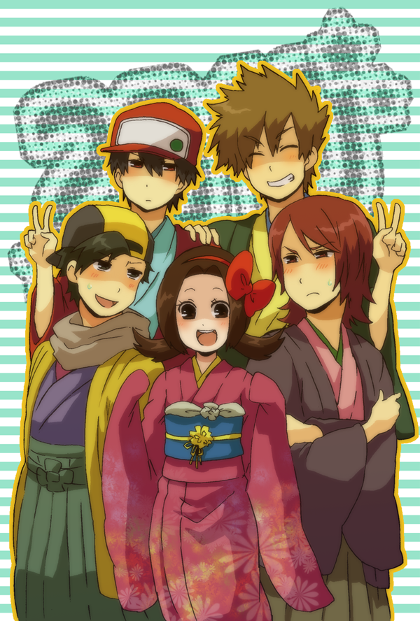 2010 4boys :d alternate_costume backwards_hat bad_id bad_pixiv_id baseball_cap black_hair bow brown_hair closed_eyes gold_(pokemon) grin hair_bow hat japanese_clothes kimono kotone_(pokemon) multiple_boys ookido_green open_mouth pokemon pokemon_(game) pokemon_hgss pokemon_rgby red_(pokemon) red_(pokemon_rgby) red_eyes red_hair shizuko short_twintails silver_(pokemon) smile twintails v