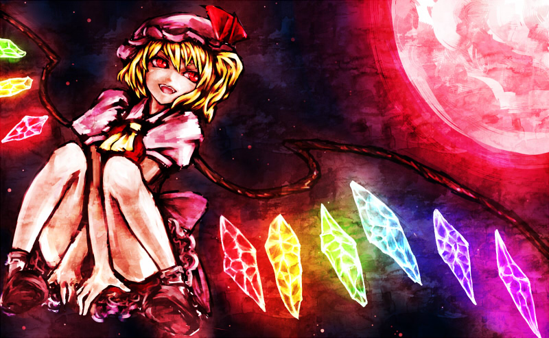 ascot bad_id bad_pixiv_id bat_wings blonde_hair dress flandre_scarlet full_moon hima_(mizu_ni_tsuyoi) moon open_mouth red_eyes red_moon short_hair side_ponytail smile solo touhou wings