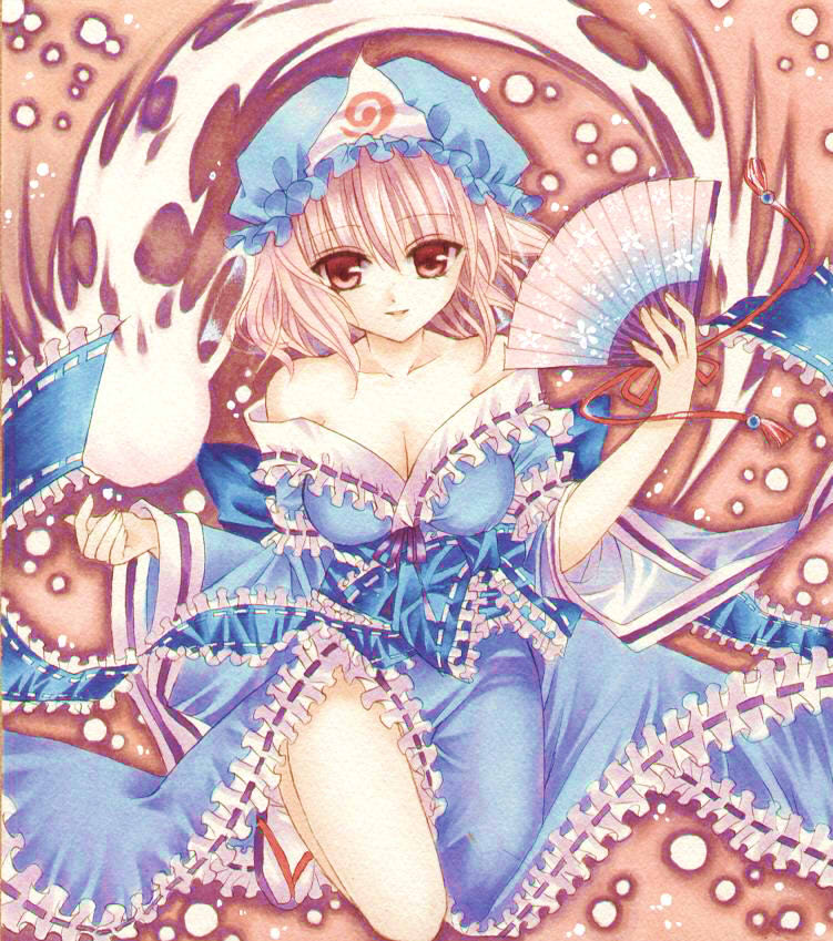 bare_shoulders breasts cleavage cocomomo fan folding_fan ghost hat hitodama japanese_clothes medium_breasts off_shoulder pink_hair red_eyes saigyouji_yuyuko short_hair smile solo touhou traditional_media triangular_headpiece