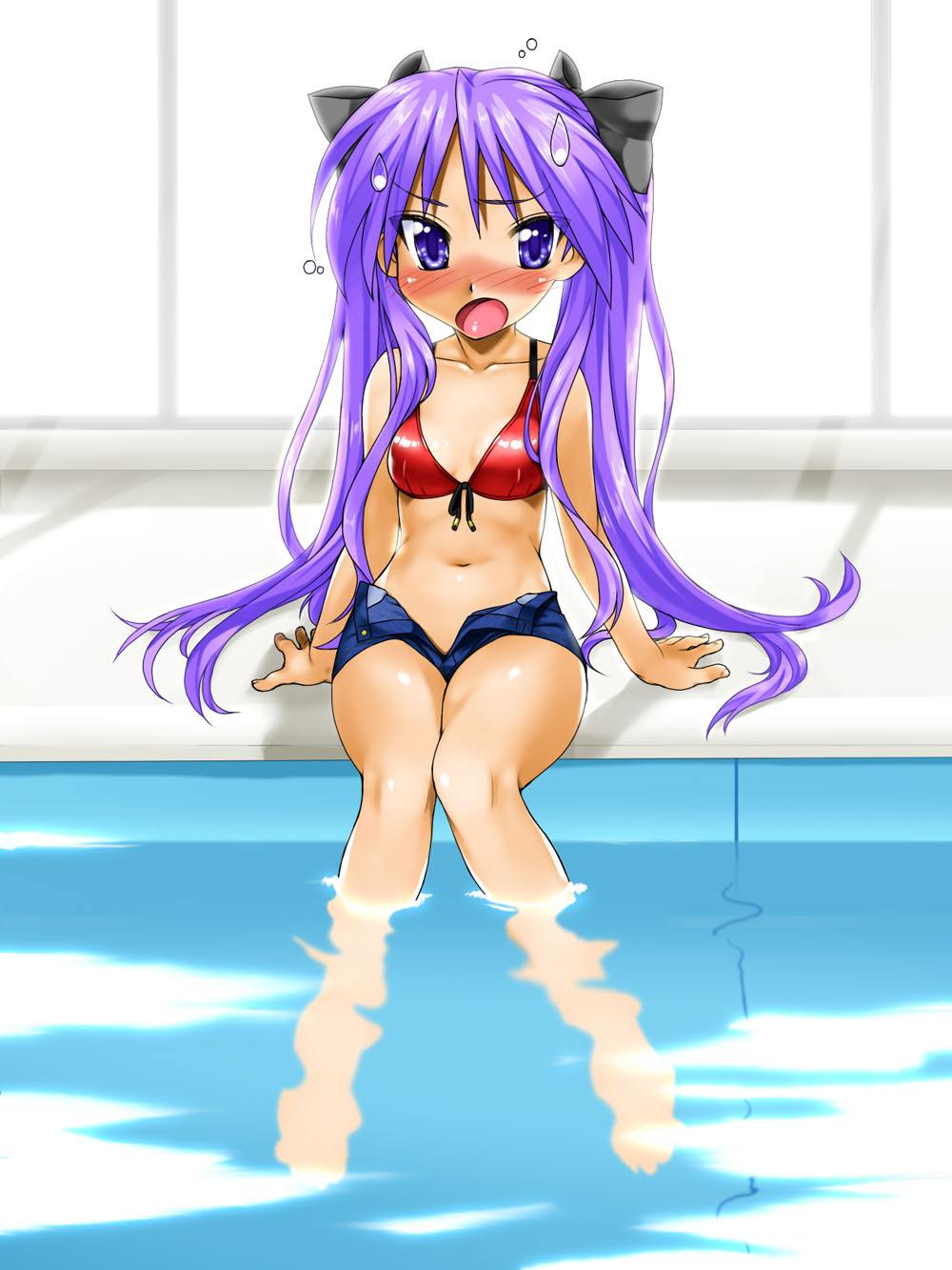arm_support barefoot bikini bikini_top blue_eyes blush bow denim denim_shorts front-tie_top full-face_blush hair_bow highres hiiragi_kagami indoors kamia_(not_found) long_hair looking_at_viewer lucky_star midriff navel open_clothes open_fly open_mouth open_shorts pool poolside purple_hair refraction shiny shiny_skin shorts sitting soaking_feet solo sweatdrop swimsuit twintails unzipped very_long_hair water window