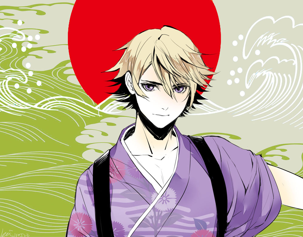 blonde_hair ivan_karelin japanese_clothes kai_(pixiv93444) male_focus purple_eyes solo tiger_&amp;_bunny