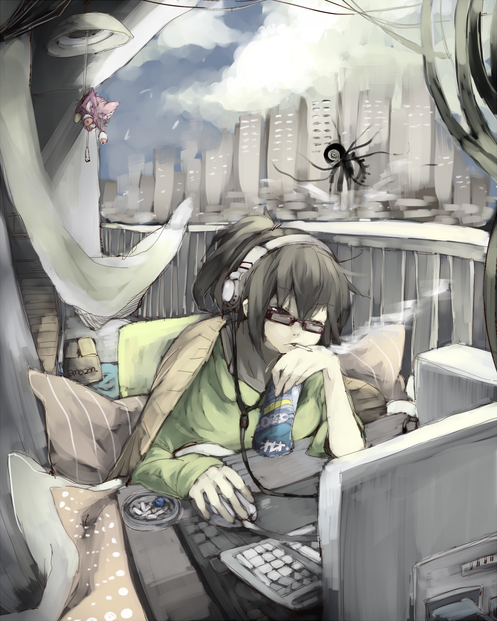 amazon_(company) ashtray bad_id bad_pixiv_id black_hair chin_rest cigarette city computer furby glasses highres ka1e monster mouse_(computer) original ponytail red-framed_eyewear smoking solo