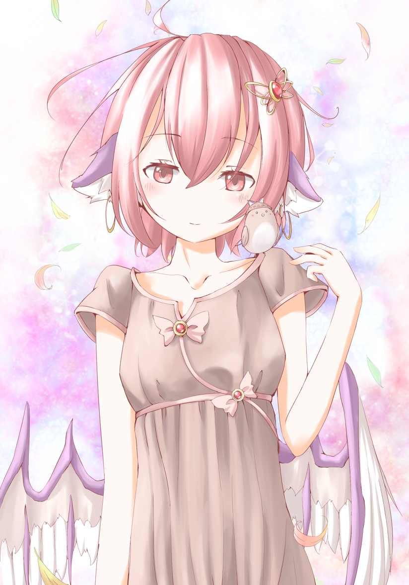 animal_ears bird blush bow dress earrings feathers giwa hair_ornament hat jewelry mystia_lorelei mystia_lorelei_(bird) no_hat no_headwear pink_eyes pink_hair short_hair smile solo touhou upper_body wings