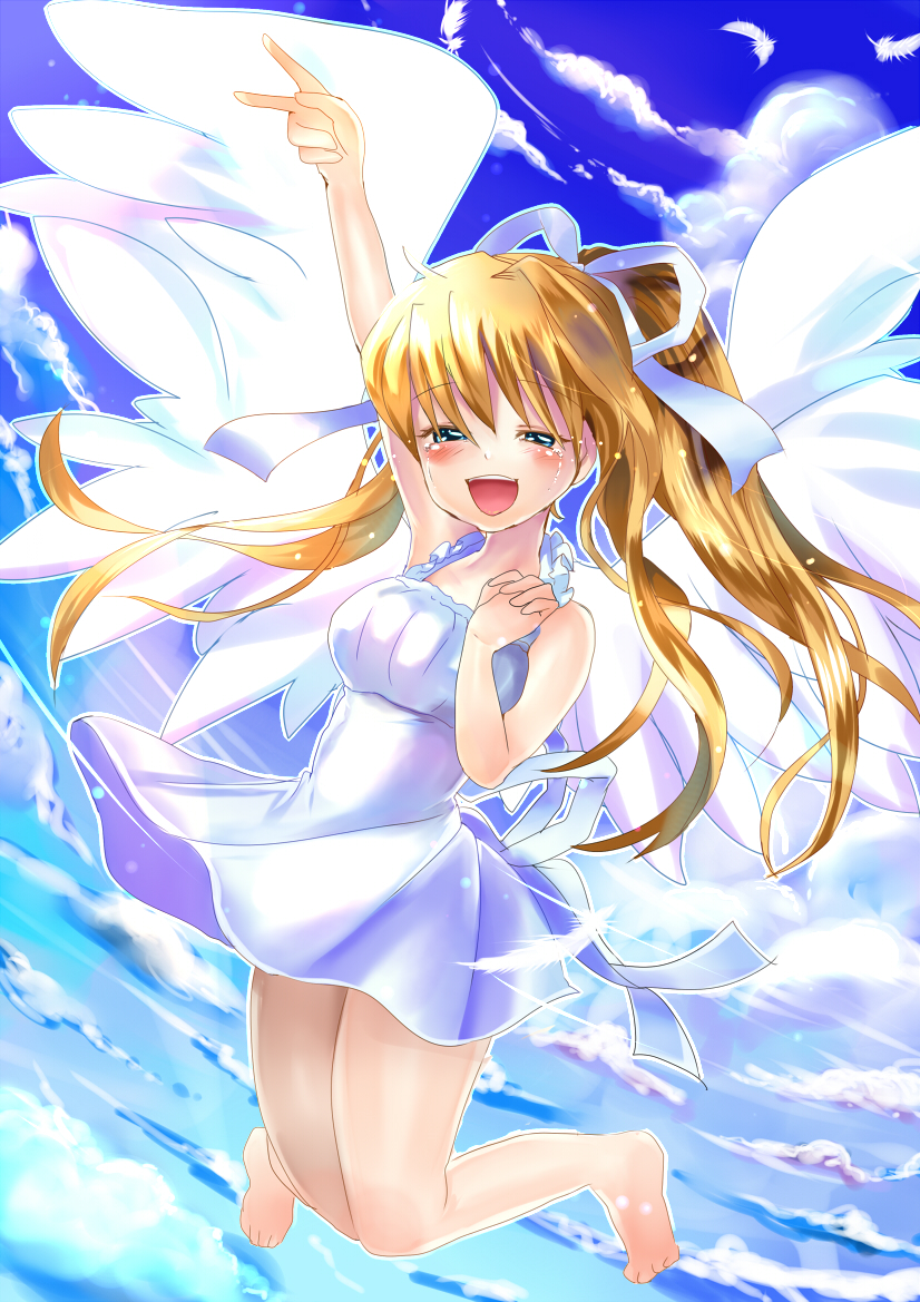 air barefoot blonde_hair blue_eyes closed_eyes dress kamio_misuzu kawakami_tomoko long_hair ponytail solo sundress tatsunokosso tears v wings