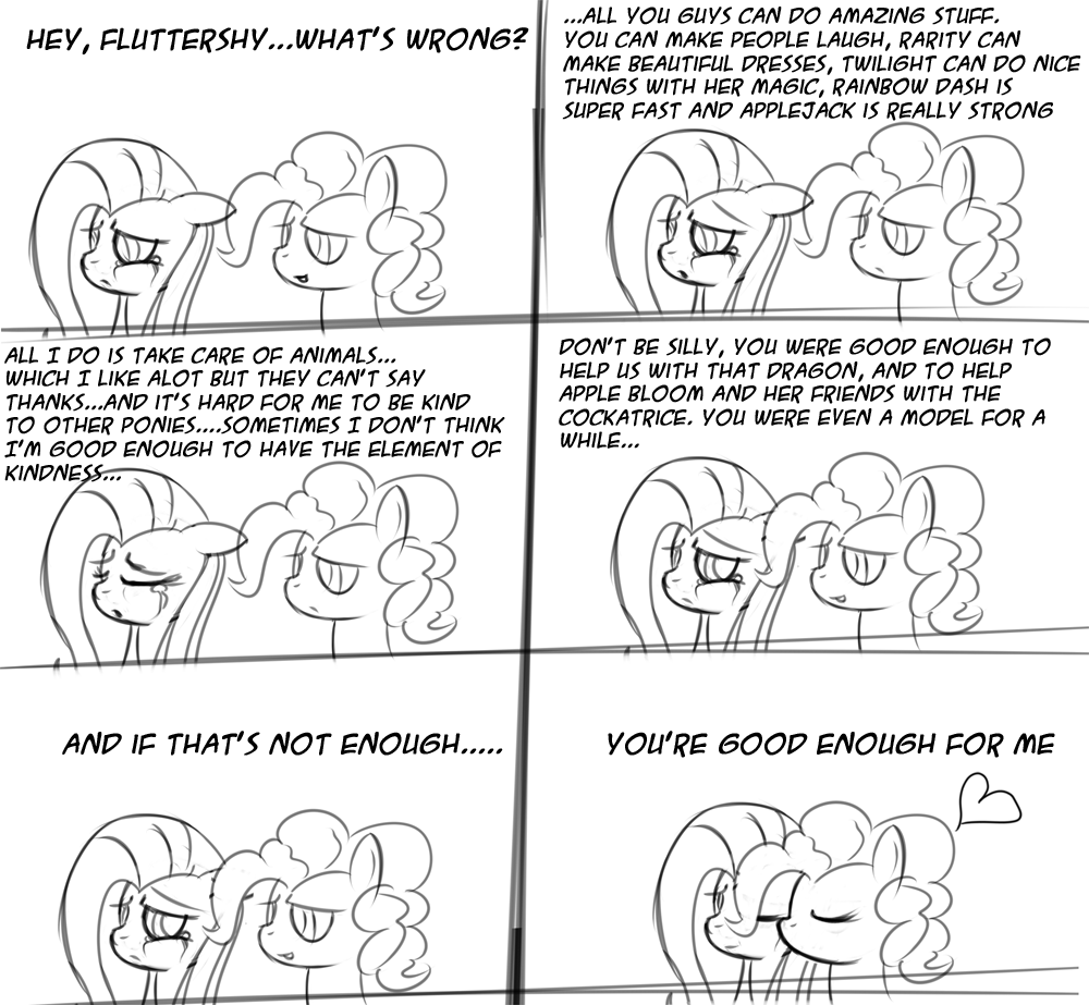 &hearts; acceptance alot black_and_white comic crying female feral fluttershy_(mlp) friendship_is_magic friendshipping hasbro kissing lesbian licking monochrome my_little_pony pinkie_pie_(mlp) plain_background self_doubt sketch speccysy tongue white_background