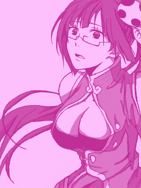 blazblue breasts cleavage glasses lao_jiu litchi_faye_ling long_hair medium_breasts ponytail purple solo tegaki