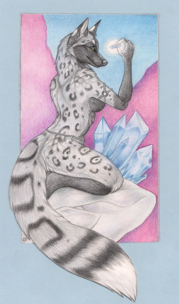 canine crystal feline female fox green_eyes hybrid korrok leopard mammal nude side_boob silver_fox snow_leopard solo