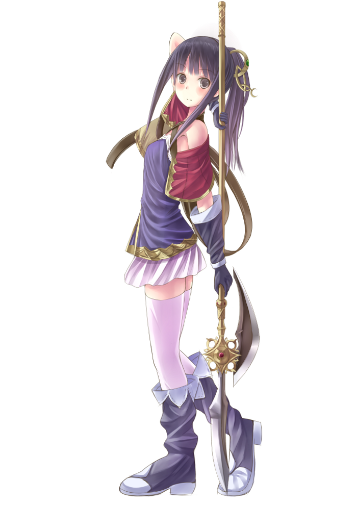 atelier_(series) atelier_totori bad_id bad_pixiv_id black_gloves black_hair boots brown_eyes full_body gloves hair_ornament hairpin kino_(kino_buro) knee_boots long_hair mimi_houllier_von_schwarzlang polearm sidelocks skirt solo spear thighhighs weapon white_legwear zettai_ryouiki