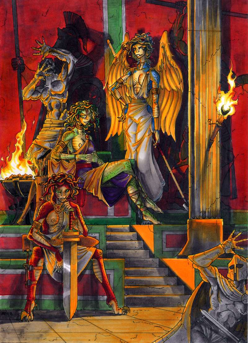 breasts euryale female fire g1d4n gorgon greek_mythology looking_at_viewer mace medusa mythology nipples reptile scalie sculpture snake statue stheno stone sword torches warm_colors weapon wings