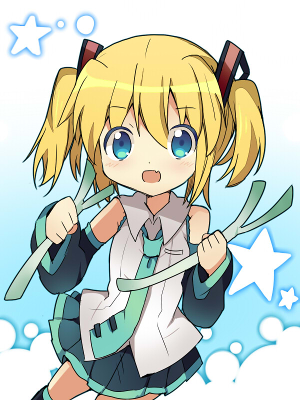aqua_eyes bad_id bad_pixiv_id blonde_hair blush cosplay d_omm fang hair_ornament hair_ribbon hairclip hatsune_miku hatsune_miku_(cosplay) kagamine_rin open_mouth ribbon short_hair skirt smile solo spring_onion twintails vocaloid