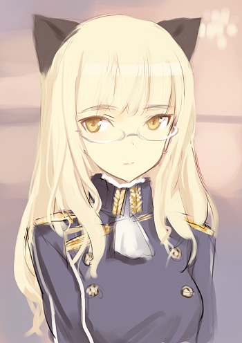 animal_ears blonde_hair cat_ears commentary glasses long_hair lowres military military_uniform older perrine_h_clostermann shimada_fumikane solo strike_witches uniform upper_body world_witches_series yellow_eyes