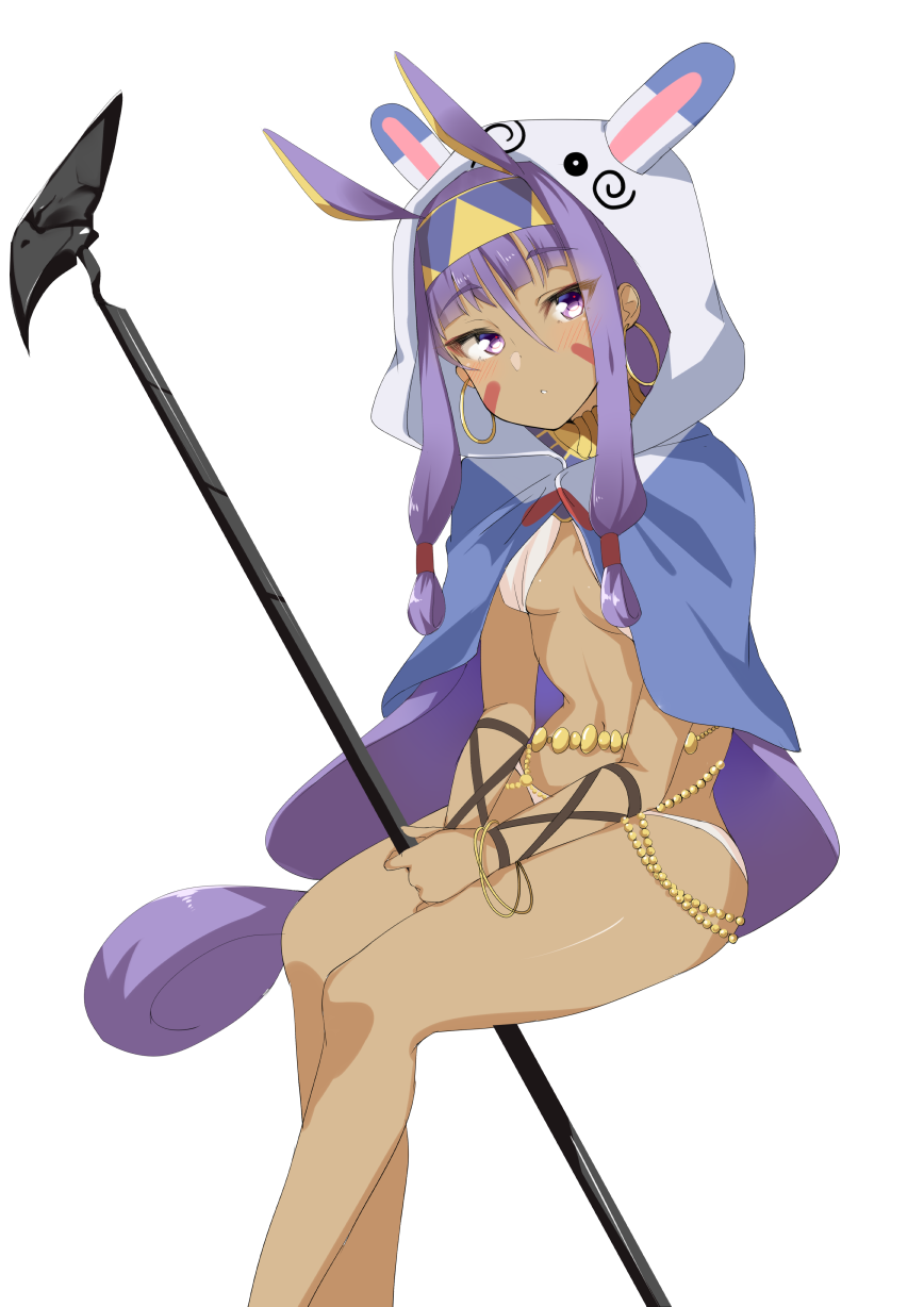 animal_ears ashino bangs belly_chain blunt_bangs body_chain breasts breasts_apart commentary_request dark_skin earrings eyebrows_visible_through_hair facial_mark fate/grand_order fate_(series) gold_trim hair_between_eyes hairband highres holding hood hood_up hoop_earrings invisible_chair jackal_ears jewelry long_hair looking_at_viewer nitocris_(fate/grand_order) purple_eyes purple_hair sidelocks simple_background sitting very_long_hair white_background