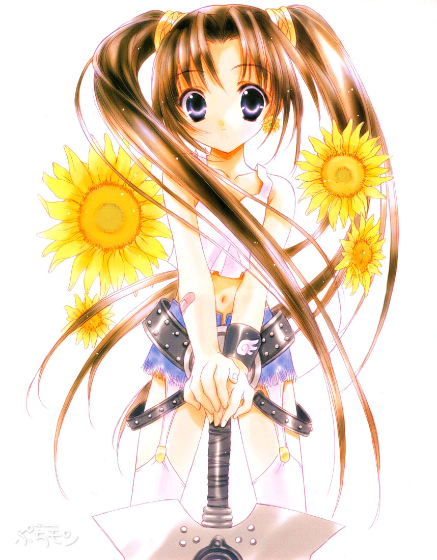 :o bandaid bandaid_on_arm bangs belt brown_hair collarbone copyright_name cowboy_shot crop_top denim denim_skirt earrings floral_background flower flower_earrings fringe_trim garter_straps hands_on_hilt jewelry lingerie long_hair looking_at_viewer melty_bagle miniskirt nanase_aoi navel parted_bangs petit_monster planted_sword planted_weapon purple_eyes skirt sleeveless solo studded_belt sunflower sword tank_top tareme thighhighs twintails underwear very_long_hair weapon white_background white_legwear wing_print