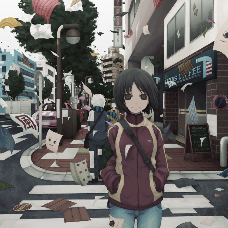 black_eyes black_hair bob_cut city commentary crosswalk flying_paper hands_in_pockets jacket original outdoors paper pavement short_hair smile solo_focus surreal track_jacket wind yajirushi_(chanoma)