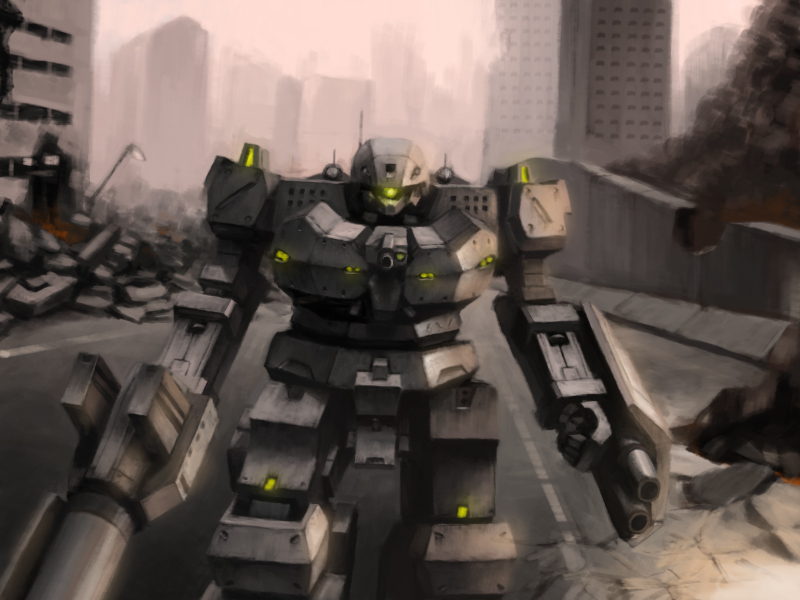 armored_core bazooka building buildings city fire from_software gun mecha ruins smoke weapon