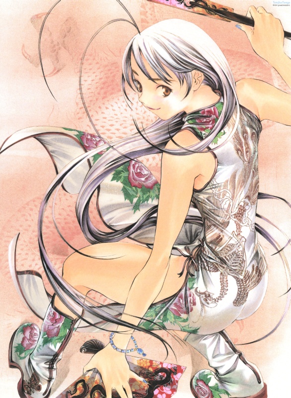 antenna_hair ass blue_nails boots bracelet china_dress chinese_clothes closed_fan dragon dress dual_wielding fan floral_print flower folding_fan from_behind holding jewelry long_hair looking_back nail_polish natsume_maya oogure_ito purple_eyes rose scan smile solo source_request tenjou_tenge thighs very_long_hair