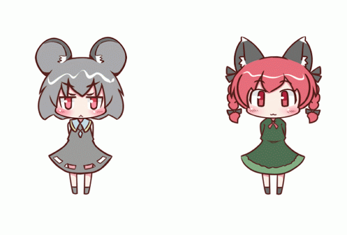 :&lt; :3 animal_ears animated animated_gif arms_behind_back bow braid cat_ears cat_tail dress grey_hair hair_bow jewelry kaenbyou_rin lowres maitora mouse_ears multiple_girls multiple_tails nazrin pendant red_eyes red_hair short_hair tail touhou twin_braids twintails