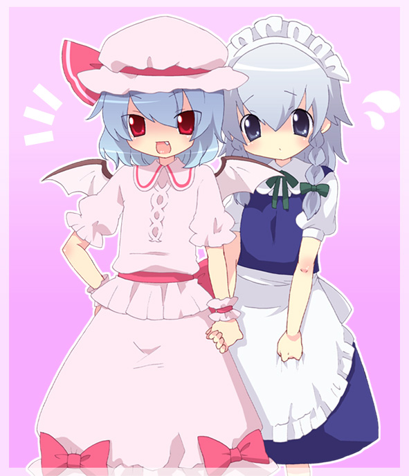 apron bad_id bad_pixiv_id bat_wings child fang hat holding_hands izayoi_sakuya maid mogiki_hayami multiple_girls remilia_scarlet ribbon shy smile sweatdrop touhou wings younger