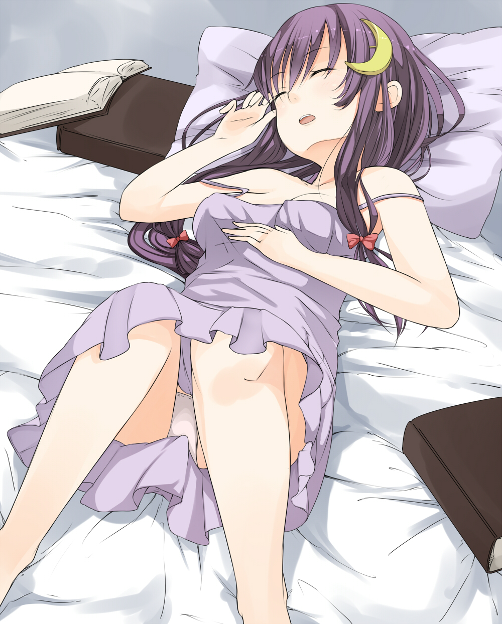 bad_id bad_pixiv_id bare_legs book chemise closed_eyes crescent crescent_hair_ornament haine hair_ornament highres long_hair lying on_back panties pantyshot patchouli_knowledge purple_hair sleeping solo strap_slip touhou underwear upskirt