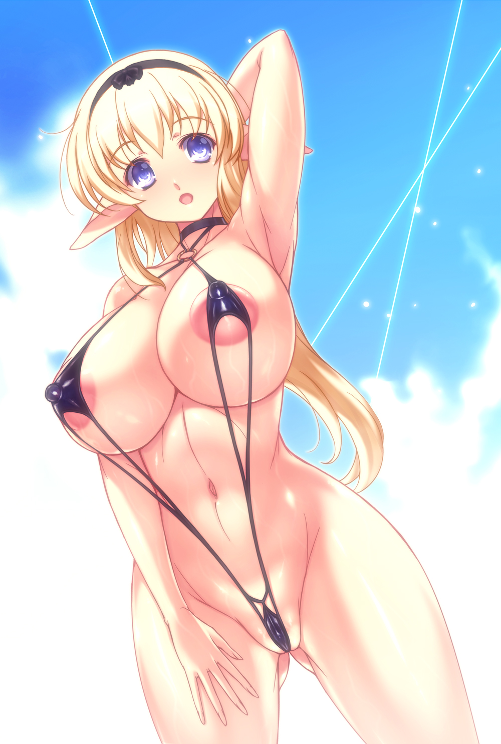 areola_slip areolae arm_up blonde_hair breasts covered_nipples highres ishida_hiroyuki large_breasts long_hair o-ring o-ring_top original pointy_ears pose purple_eyes slingshot_swimsuit solo swimsuit