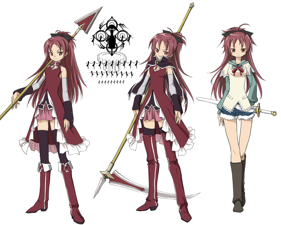 adapted_costume alternate_costume black_legwear boots capelet detached_sleeves grin mahou_shoujo_madoka_magica polearm ponytail red_eyes red_hair ribbon sakura_kyouko scythe shorts smile spear sword takimiya_kazutaka thigh_boots thighhighs weapon zettai_ryouiki