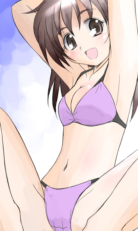 amraam120c armpits arms_up bikini brown_eyes brown_hair face long_hair original solo spread_legs swimsuit